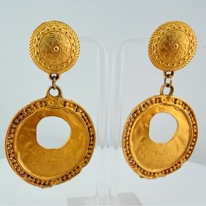 Vintage Etruscan Revival Hammered Gold Door Knocker Statement Earrings